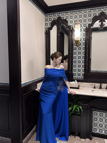 Stunning Royal Blue Mermaid Off the Shoulder Chiffon Prom Dress Party Dress Formal Dress HZ1023